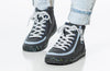 Child wearing Billy Charcoal/Blue Speckle Classic Lace High Tops; kids shoes with laces and zipper, easy on/off, functional and fashionable.