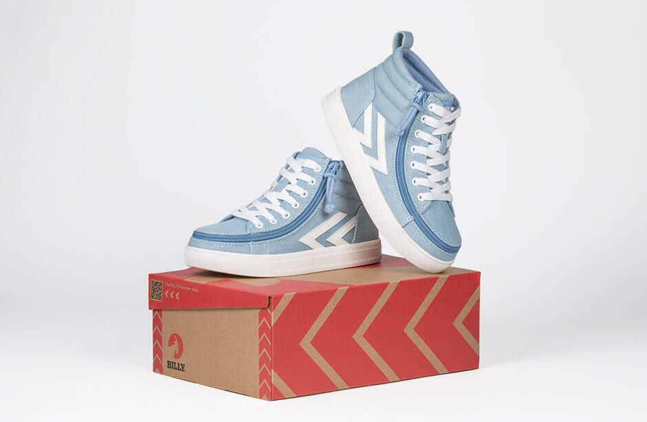 Billy Denim/White BILLY CS 1.0 Sneaker High Tops on box, easy on/off shoes for toddlers & big kids with laces & zipper, functional & stylish.