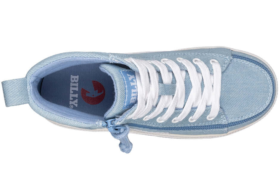 Top view of Billy Denim/White CS 1.0 Sneaker High Tops showing laces and zipper for easy on and off, ideal for kids.