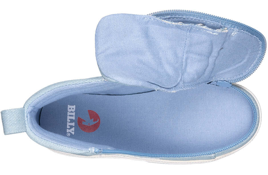Top view of Billy Denim/White Sneaker High Tops with zipper open, showing blue interior and insole for easy on and off.