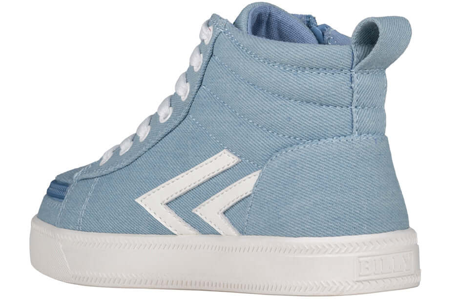 Billy CS 1.0 Denim/White Sneaker High Tops with laces and zipper, easy on and off for kids, functional and fashionable design.