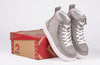 Grey Jersey BILLY Classic Lace Highs shoes with zipper, displayed with box. Easy on and off toddlers&#39; and kids&#39; footwear.
