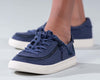 Kid&#39;s Navy BILLY Sustainable Lace Lows with recycled canvas and zipper for easy on and off, showcasing functional and fashionable design.