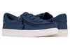 Billy Kid&#39;s Navy BILLY Sustainable Lace Lows with easy on-off zippers for kids, made from recycled canvas and algae-infused soles.