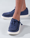 Navy kids shoes with laces and zipper, easy on and off, made from recycled canvas and sustainable materials, fashionable and functional footwear.