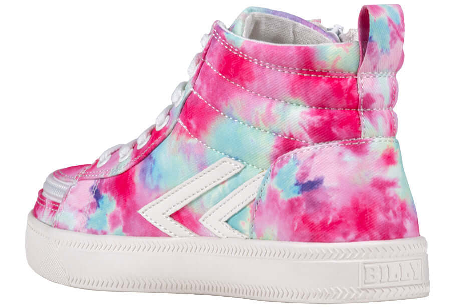 Billy Pink Watercolor High Top Sneakers with functional laces and zipper, easy on and off for toddlers and big kids, kid's shoes.