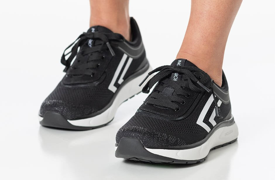 BILLY Women's Black/White Athletic Sneakers with zipper, ideal orthopedic shoes, AFO-compatible, ankle support, wide-width available.
