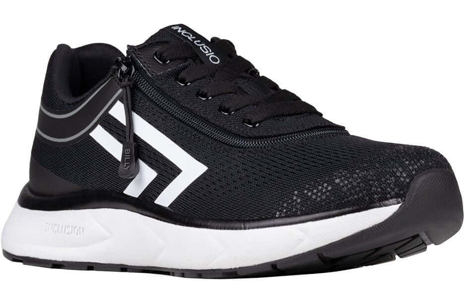 Women's BILLY black/white sport sneakers, orthopedic AFO-compatible, wide-width, with zipper for ankle support.