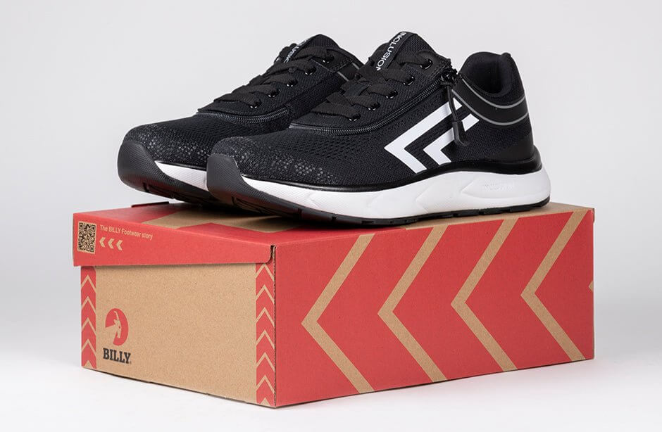 BILLY Women's Black/White Sport Inclusion Too Athletic Sneakers on shoebox, orthopedic and AFO-compatible shoes with EasyOn zipper.