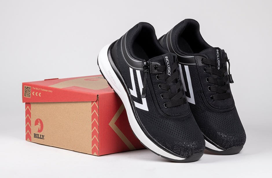 Black and white BILLY Women's Athletic Sneakers on box, orthopedic and AFO-compatible, featuring easy-on short-wrap zippers.