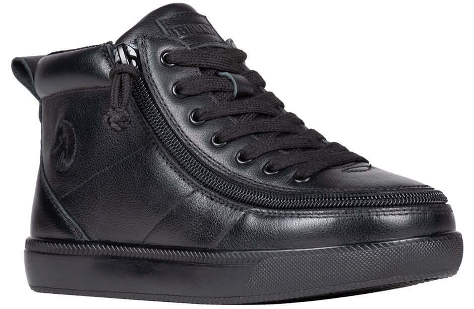 All-black leather BILLY Classic D|R II kids' high top, AFO-ready with wraparound zipper and extra-depth fit
