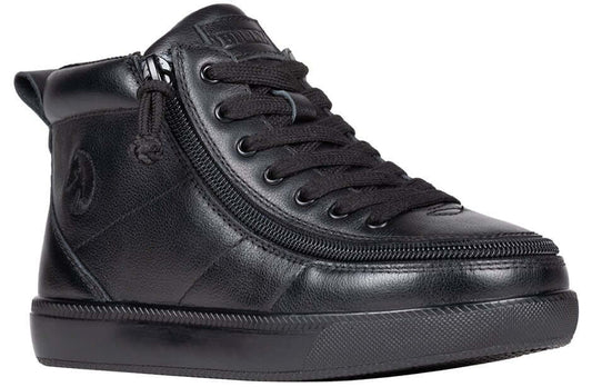 All-black leather BILLY Classic D|R II kids' high top, AFO-ready with wraparound zipper and extra-depth fit