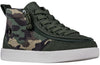 Kid&#39;s Olive Camo BILLY Classic WDR High Tops, zipper shoes, like velcro, that are adaptive, accessible, inclusive and use universal design to accommodate an afo. BILLY Footwear is medium and wide width, M, D and EEE, are comfortable, and come in toddler, kids, mens, and womens sizing.