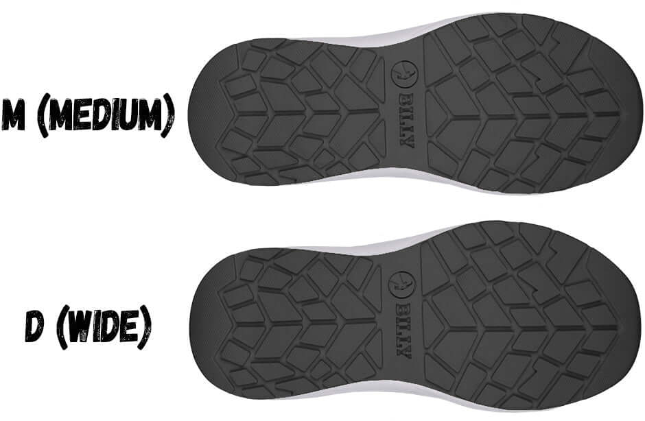 BILLY Athletic Sneakers outsole view showing medium and wide width options for orthopedic support.