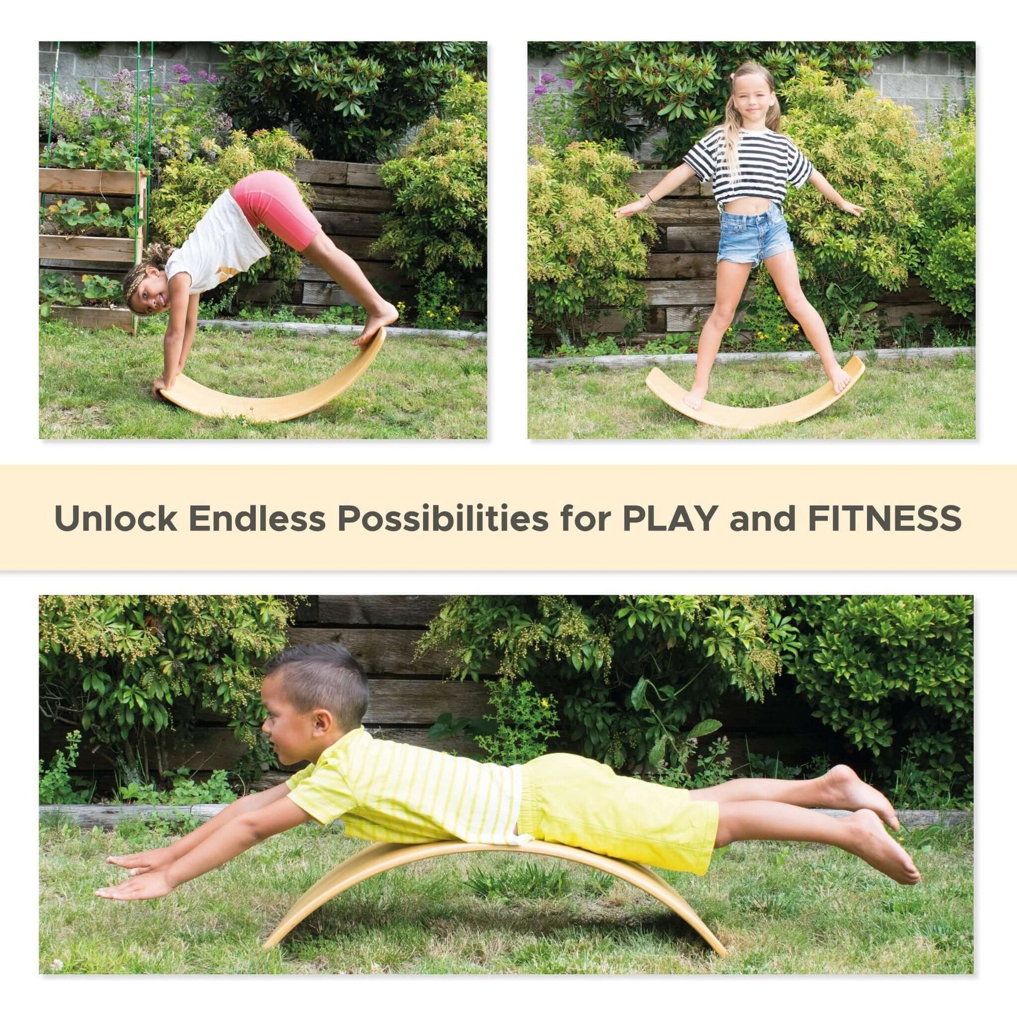 Children playing and exercising on a BILLY Wooden Balance Board outdoors.