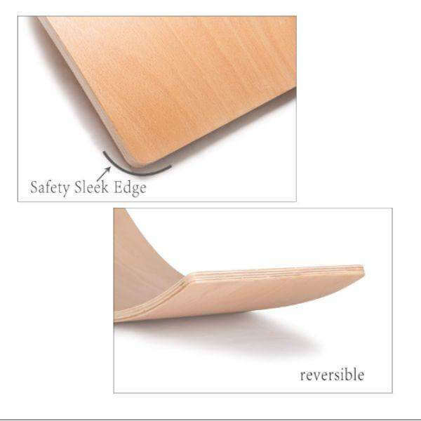 Close-up of BILLY Wooden Balance Board with safety sleek edge and reversible design for exercise and balance training.