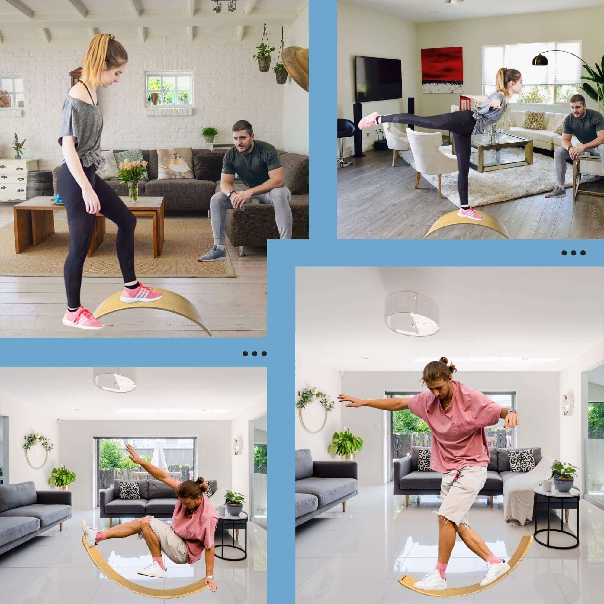 BILLY Wooden Balance Wobble Board for Kids and Adults, versatile balance exercise in living room settings.