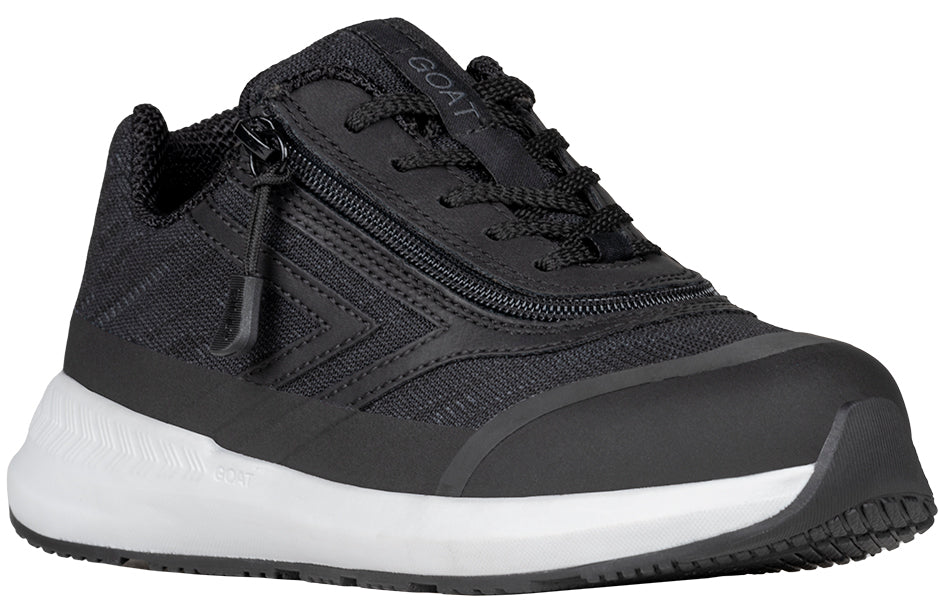 Black BILLY Goat AFO-Friendly shoe with zip closure, ideal for diabetes, plantar fasciitis, bunions, and orthotic use.