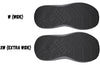 Comparison of BILLY Goat shoe soles: wide width (top) and extra wide width (bottom) for optimal support and comfort.