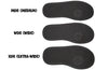 Black shoe soles in medium, wide, and extra-wide sizes, labeled &quot;MDR,&quot; &quot;WDR,&quot; and &quot;XDR.&quot;