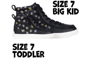 Black Daisy BILLY Classic Lace High Tops, size 7 toddler and big kid, with zippers and floral design. Ideal for wide feet and orthotics.
