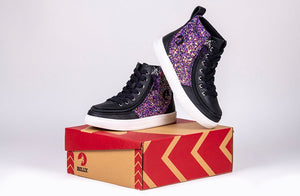 Black Fuchsia Glitz BILLY Classic Lace High Tops for diabetes, plantar fasciitis, bunions, wide feet, and orthotics on a shoebox.