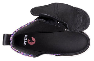 Top view of Black Fuchsia Glitz BILLY Classic Lace High Tops with wraparound zipper, suitable for orthotics, wide feet, and plantar fasciitis.
