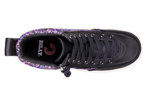 Top view of Black Fuchsia Glitz BILLY Classic Lace High Tops with wraparound zipper for wide feet and orthotic usage.