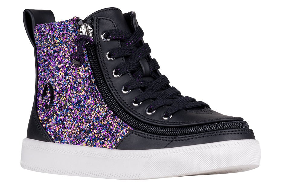 Black Fuchsia Glitz BILLY High Tops with glitter, lace, and zipper, ideal for diabetes, plantar fasciitis, and orthotics.