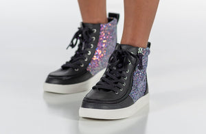 Black Fuchsia Glitz BILLY High Tops with glitter detail, ideal for diabetes, plantar fasciitis, bunions, wide feet, and orthotic use.