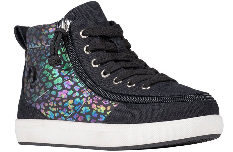 Black leopard print BILLY Classic D|R II kids' high top, AFO-ready with wraparound zipper and extra-depth fit