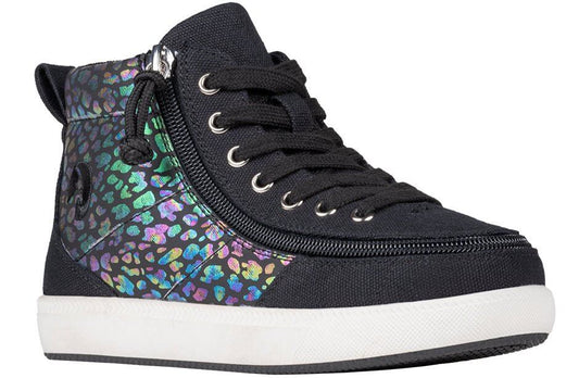 Black leopard print BILLY Classic D|R II kids' high top, AFO-ready with wraparound zipper and extra-depth fit