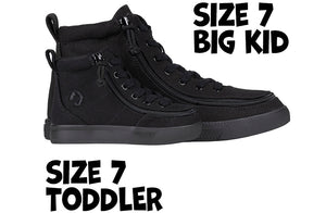 Black canvas high top shoes for kids, suitable for diabetes and plantar fasciitis, size 7 Toddler and Big Kid, with adjustable laces.
