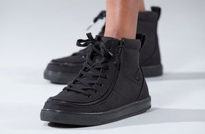 Black Canvas Lace High Tops for kids, suitable for diabetes, plantar fasciitis, bunions, wide feet, wheelchair use, and orthotics.