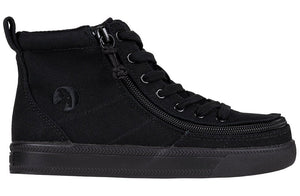 Black canvas high top shoe, ideal for kids with needs like shoes for diabetes, plantar fasciitis, bunions, orthotics, and wide feet.