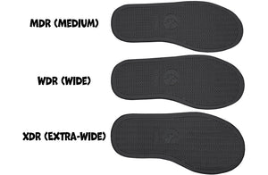 Shoe sole comparison for black leather BILLY shoes showing medium, wide, and extra-wide sizes, ideal for diverse foot needs.