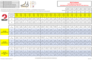 BILLY Footwear D|R Collection sizing chart for shoes, featuring measurements for width and length in MDR, WDR, EDR, and XWDR sizes.