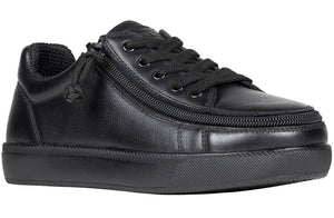 Black leather shoe with innovative zipper for easy access, suitable for diabetes, plantar fasciitis, bunions, wide and extra wide feet, orthotics.