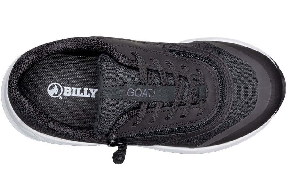 Top view of black BILLY Goat orthopedic shoe with zipper, AFO-ready, ideal for wide feet and ankle support.