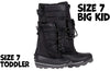 Black BILLY Ice Winter Boots for kids, AFO friendly, size 7, showcasing insulated design for warmth and easy access. Ideal winter footwear.