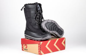 Black BILLY Ice II Winter Boots on box, ideal for diabetes, plantar fasciitis, bunions, wide feet, wheelchair use, and orthotics.