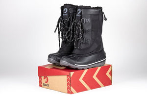 Black BILLY Ice II Winter Boots on box, ideal for diabetes, plantar fasciitis, bunions, wide feet, wheelchair use, and orthotics.