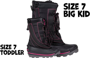 Black/Pink BILLY Ice II Winter Boots for kids, sizes 7 toddler and 7 big kid. Ideal for diabetes, plantar fasciitis, and orthotics.