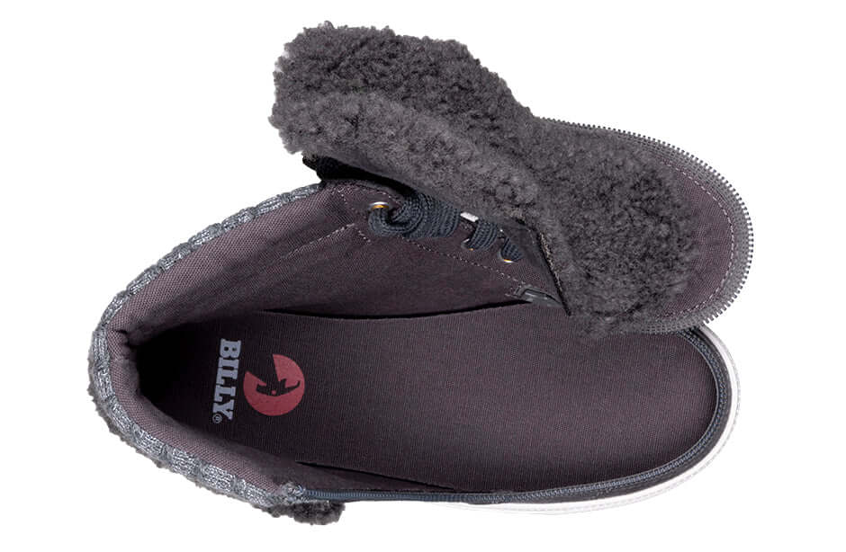 Charcoal Grey BILLY Cuffs High Top Kids Shoe with Fur Collar, Laces and Wraparound Zipper for Easy On and Off.
