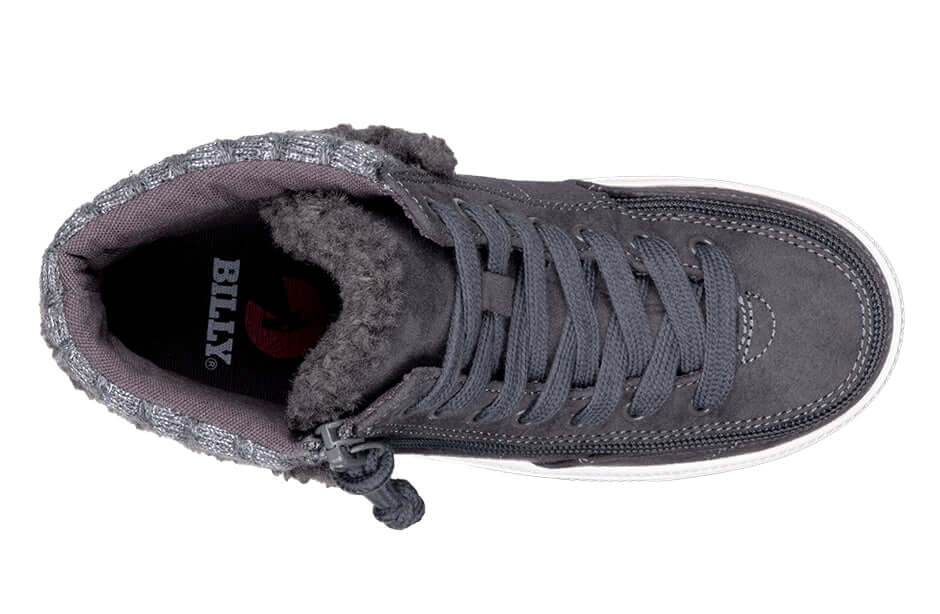 Charcoal Grey BILLY Cuffs high top shoe with laces and wraparound zipper, featuring a fur collar for comfort and easy on-off for kids.