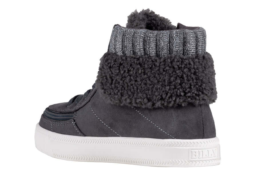Charcoal Grey BILLY Cuffs kids' high top shoe with fur collar, zipper, and laces for easy on and off. Functional and fashionable design.