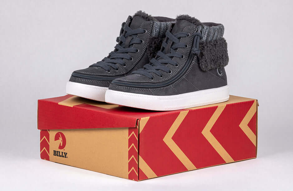 Charcoal Grey BILLY Cuffs high top shoes with easy-on zipper and laces, on a branded box, designed for toddlers and big kids.