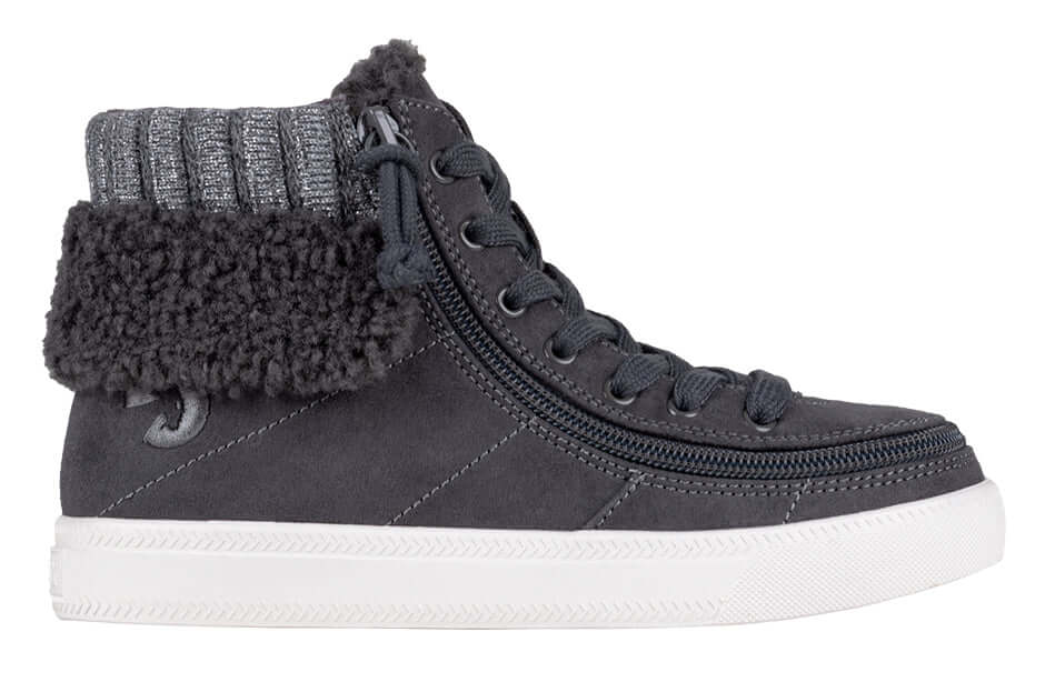 Charcoal Grey BILLY Cuffs high top shoe with laces, zipper, and fur collar for easy on and off for toddlers and big kids.