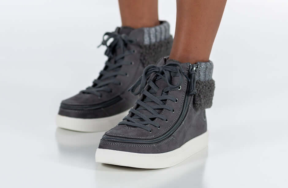 Charcoal Grey BILLY Cuffs for kids, featuring laces and an easy on-off wraparound zipper, flannel, faux suede, and fur collar.