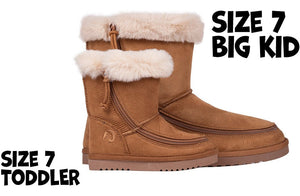 Kids Chestnut BILLY Cozy Boots in faux suede with flannel lining, ideal for wide feet, orthotics, and diabetic foot care. Size 7.